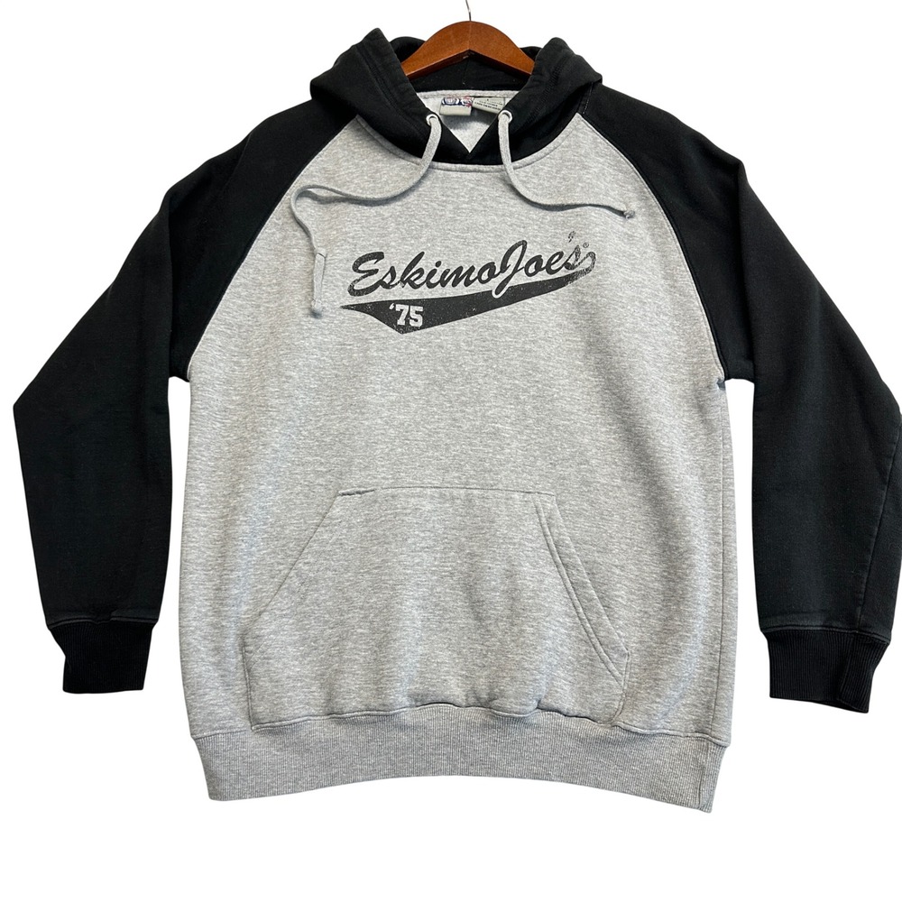 Eskimo Joes 75 Raglan Hoodie Mens Large Gray Black Stillwater OK Sweatshirt